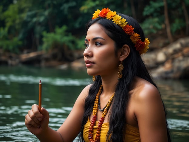 Das Bild zeigt eine Frau, die am Ufer eines ruhigen Gewässers sitzt, umgeben von üppiger Natur. Sie trägt ein farbenfrohes Outfit und einen Kranz aus Blumen, was an die Traditionen der indigenen Völker in der Region des Río San Juan erinnert.

Der Río San Juan ist nicht nur ein geografisches, sondern auch ein kulturelles und spirituelles Symbol. In vielen Legenden dieser Region wird der Fluss als lebendiges Wesen verehrt, das das Leben und die Natur nährt. Es wird gesagt, dass die Geister der Vorfahren in seinen Gewässern leben und den Menschen Weisheit und Schutz anbieten.

Eine der bekanntesten Geschichten erzählt von einem alten Schamanen, der am Ufer des Río San Juan meditierte und die Kräfte der Natur und der Geister um Rat fragte. Während seiner Meditation erschien ihm eine wunderschöne Wassernymphe, die ihm verbotene Geheimnisse offenbarte. Diese Nymphe, die als Wächterin des Flusses gilt, lehrte ihn, im Einklang mit dem Fluss zu leben und die Geheimnisse der Heilkräuter zu nutzen.

Das Bild könnte also eine Verbindung zu diesen Traditionen und Legenden darstellen und die spirituelle Beziehung der Menschen zur Natur und zum Río San Juan symbolisieren.