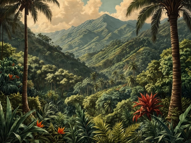 Auf dem Bild ist eine malerische Landschaft mit üppiger Vegetation, hohen Bergen und Palmen zu sehen, was typisch für tropische Regionen ist. Ocotal liegt in Nicaragua, eingebettet zwischen Hügeln und Bergen, und ist von einer vielfältigen Flora umgeben. Die Region hat ein tropisches Klima, das das Wachstum von dichten Wäldern und exotischen Pflanzen begünstigt. Die Berge in der Ferne könnten die umliegenden vulkanischen Landschaften widerspiegeln, die für das nicaraguanische Terrain charakteristisch sind.