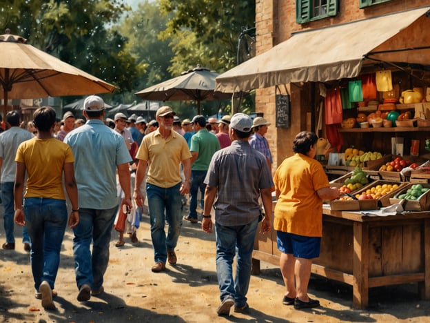 Auf dem Bild ist ein lebhafter Markt zu sehen, auf dem zahlreiche Menschen in verschiedenen Kleidung und Farben entlang schlendern. Die Stände sind reichhaltig mit frischem Obst und Gemüse gefüllt, was die Vielfalt an lokalen Erzeugnissen widerspiegelt. 

Solche Märkte sind oft zentrale Orte des kulturellen Austauschs, wo Traditionen lebendig bleiben. Die Menschen interagieren miteinander, handeln und genießen das Miteinander, was die soziale und kulturelle Vielfalt der Gemeinschaft fördert. 

Die Marktkultur ist in vielen Ländern von Bedeutung, da sie nicht nur wirtschaftliche Aspekte, sondern auch soziale Traditionen pflegt, wie das Teilen von Rezepten und Essgewohnheiten, die oft von Generation zu Generation weitergegeben werden.