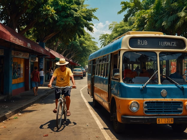 Auf dem Bild sieht man eine Szene aus einer Stadt, wahrscheinlich in Ocotal. Ein Mann fährt mit dem Fahrrad auf einer Straße, während ein blauer und orangefarbener Bus neben ihm fährt. Die Umgebung ist mit Bäumen gesäumt, und es gibt verschiedene Läden und Menschen im Hintergrund. 

Hier sind einige praktische Tipps für Deinen Besuch in Ocotal:

1. **Fortbewegung**: Das Fahrrad ist eine gute Möglichkeit, um die Stadt zu erkunden. Viele Straßen sind fahrradfreundlich und bieten dir die Möglichkeit, die Umgebung in deinem eigenen Tempo zu erkunden.

2. **Öffentliche Verkehrsmittel**: Der Bus ist eine kostengünstige Option, um dich in der Region fortzubewegen. Achte auf die Fahrpläne und halte das nötige Kleingeld bereit.

3. **Lokale Kultur**: Nimm dir Zeit, die lokalen Läden und Märkte zu besuchen, um ein Gefühl für die Kultur und die Menschen zu bekommen.

4. **Wetter**: Vergiss nicht, dich der Hitze anzupassen. Leichte Kleidung und Sonnencreme sind ein Muss.

5. **Sicherheit**: Sei achtsam, insbesondere in belebten Bereichen, und achte auf deine persönlichen Gegenstände.

Genieße deinen Aufenthalt in Ocotal!