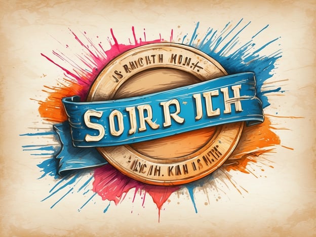 Auf dem Bild ist ein kreatives Design mit dem Text "SOJRICH" zu sehen, der auf einem runden Emblem platziert ist. Das Emblem ist von bunten Farbspritzern umgeben, die in Pink, Blau, und Orange gehalten sind. Es scheint ein artwork oder ein Logo zu sein, das eine lebendige und künstlerische Atmosphäre vermittelt.