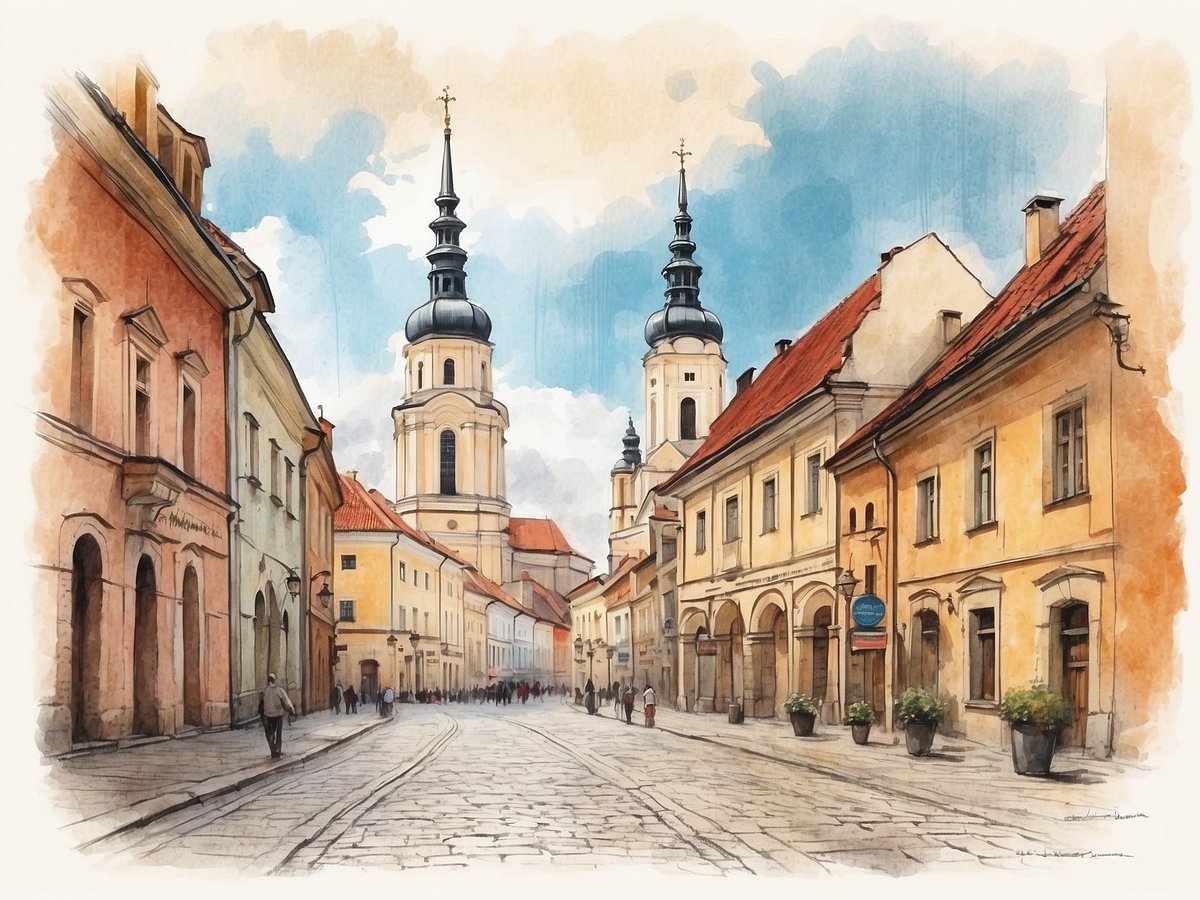 Eine malerische Straße in Vilnius mit alten, farbigen Gebäuden auf beiden Seiten. Im Hintergrund sind zwei auffällige Türme einer Kirche sichtbar, die ins Auge fallen. Die Straße ist mit Steinplatten gepflastert, und es sind einige Passanten zu sehen, die die Umgebung erkunden. Der Himmel ist hellblau mit einigen Wolken, was der Szene eine ruhige Atmosphäre verleiht. Die Architektur spiegelt den historischen Charme der Stadt wider.