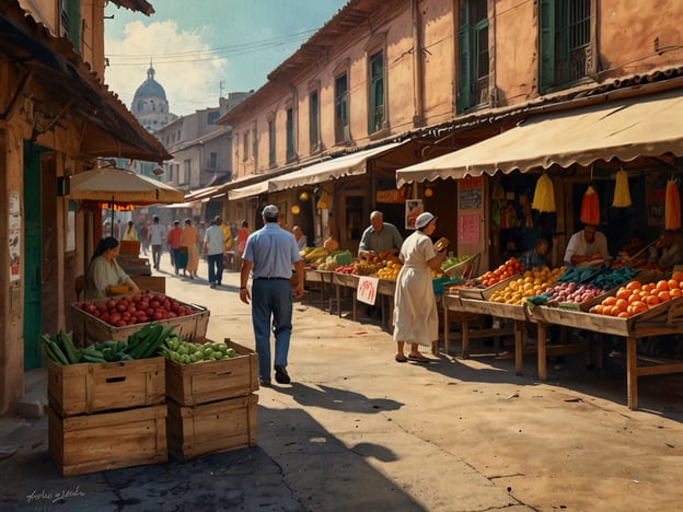 Auf dem Bild ist ein lebhafter Markt zu sehen, der den Alltag in Ocotal widerspiegelt, wo Tradition und Moderne aufeinandertreffen. Menschen schlendern durch die Gassen, während Verkäufer frisches Obst und Gemüse anbieten. Die bunten Stände sorgen für eine einladende Atmosphäre, während die Architektur der Gebäude im Hintergrund Einblicke in die lokale Kultur und Geschichte gewährt. Diese Szenerie verkörpert den örtlichen Lebensstil und die sozialen Interaktionen in der Stadt.