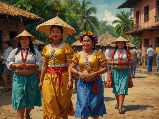 Auf dem Bild sind Frauen zu sehen, die traditionelle Kleidung tragen. Diese Szenen könnten während eines kulturellen Ereignisses oder Festivals in Jinotega, Nicaragua, aufgenommen worden sein. Jinotega ist bekannt für seine reichen Traditionen und farbenfrohen Feste, wie das jährliche Fest zu Ehren von San Sebastián, das von lebhaften Umzügen und folkloristischen Tänzen geprägt ist. 

Die Frauen auf dem Bild könnten Teil einer solchen Feier sein und zeigen die lokale Tracht, die oft mit bunten Stoffen und kunstvollen Accessoires geschmückt ist. Ebenso könnte der Hintergrund mit den typischen Häuschen und der üppigen Vegetation die landestypische Atmosphäre der Region widerspiegeln, die für ihren Kaffeeanbau und die malerischen Landschaften bekannt ist.