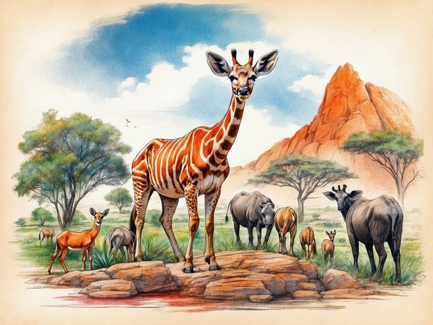 Auf dem Bild ist eine malerische Darstellung von Tieren in der afrikanischen Savanne zu sehen. Im Vordergrund steht eine Giraffe mit ihrem charakteristischen, gestreiften Fell. Neben ihr sieht man eine Gruppe weiterer Tiere, darunter eine kleine Gazelle und mehrere Rinder. Im Hintergrund erkennt man eine malerische Landschaft mit Bäumen und einem Gebirgszug. Diese Szene verkörpert die Vielfalt der Tierwelt im Zoo, die oft auch exotische Tiere aus verschiedenen Lebensräumen umfasst.