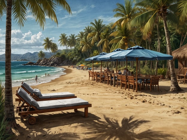 Auf dem Bild ist eine malerische Strandlandschaft zu sehen. Im Vordergrund gibt es Liegen, die bereit sind, das Strandleben zu genießen. Weitere Personen sind am Strand, einige spielen im Wasser, während andere unter blauen Sonnenschirmen an Tischen sitzen. Die Palmen im Hintergrund und die sanften Wellen des Meeres tragen zur entspannten Atmosphäre bei. Es ist ein schöner Tag, perfekt, um das Strandleben zu genießen.