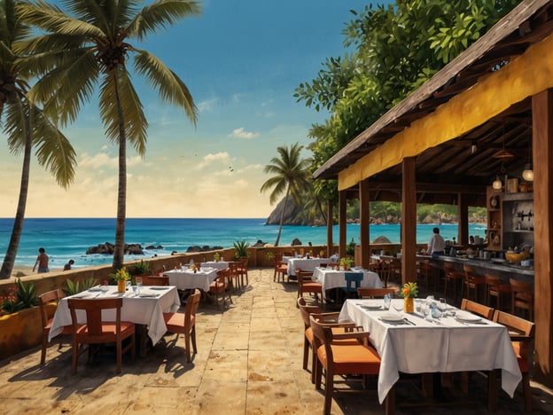 Auf dem Bild ist ein wunderschönes Restaurant direkt am Strand zu sehen. Die Tische sind elegant gedeckt und laden dazu ein, die kulinarischen Köstlichkeiten vor Ort zu genießen. Die frische Meeresbrise und der Ausblick auf das blaue Wasser schaffen eine entspannte Atmosphäre. Palmen umrahmen die Umgebung, was ein tropisches Flair vermittelt. Hier könnte man frische Fischgerichte, exotische Salate und lokale Spezialitäten probieren, während man den Ausblick aufs Meer genießt. Solch kulinarische Erlebnisse sind perfekt für eine unvergessliche Zeit am Wasser.