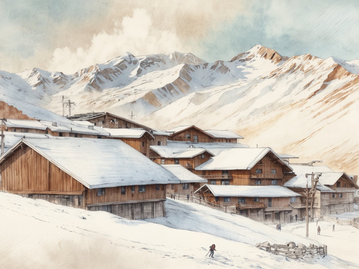 Eine malerische Winterlandschaft im Valle Nevado zeigt eine Ansammlung von Chalets, die in einem schneebedeckten Gelände liegen. Die Holzbauten mit schneebedeckten Dächern sind von den majestätischen Anden umgeben, deren Gipfel ebenfalls mit Schnee bedeckt sind. Einige Skifahrer und Spaziergänger bewegen sich in der Szene, während die sanften Hügel und die klare Himmel den friedlichen Charakter des erstklassigen Skigebiets betonen.