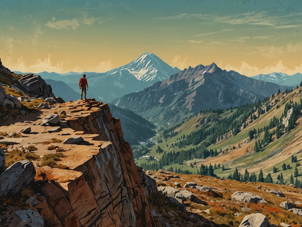 Auf dem Bild ist ein Wanderer zu sehen, der auf einem felsigen Vorsprung steht und die Aussicht auf die beeindruckende Berglandschaft genießt. Im Hintergrund erheben sich majestätische Berge, darunter ein schneebedeckter Gipfel, während das Tal mit grünen Wäldern und sanften Hügeln geschmückt ist. Die Szene vermittelt ein Gefühl von Freiheit und Abenteuer, ideal für die Wanderung zum Gipfel.