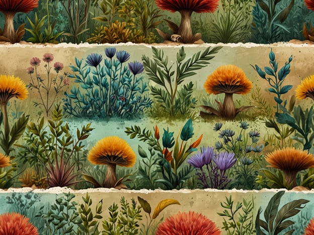 Auf dem Bild ist eine bunte und vielfältige Darstellung von Flora und Fauna zu sehen. Es sind verschiedene Arten von Pflanzen und Pilzen abgebildet, darunter leuchtende, rote und orangefarbene Pilze sowie eine Vielzahl von grünen Pflanzen und bunten Blumen. Die unterschiedlichen Farben und Formen zeugen von der Reichhaltigkeit der Natur und vermitteln ein harmonisches Bild eines üppigen Lebensraums. Die Kombination aus hohen Gräsern, blühenden Sträuchern und Pilzen schafft eine lebendige und einladende Landschaft.