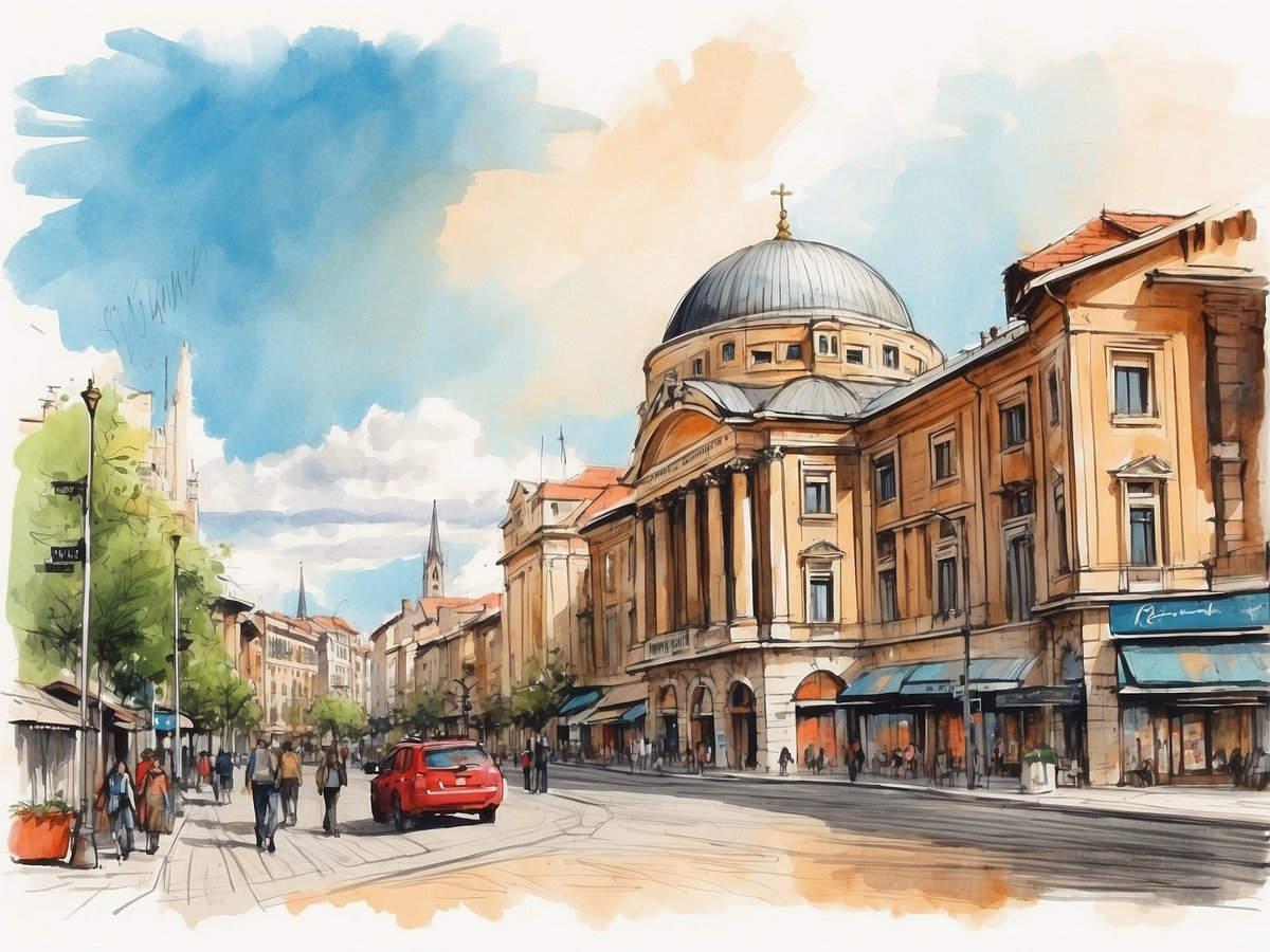 Eine malerische Darstellung einer Straße in Pristina zeigt historische Gebäude mit einem großen, kuppelartigen Dach im Vordergrund. Menschen schlendern entlang der Straße, während ein rotes Auto vorbeifährt. Im Hintergrund sind Bäume und weitere Gebäude zu sehen, ergänzt durch einen blauen Himmel mit einigen Wolken.