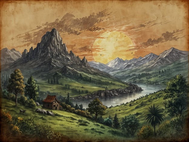 Auf dem Bild ist eine malerische Landschaft zu sehen, die von sanften Hügeln und majestätischen Bergen geprägt ist. Die Sonne steht tief am Himmel und taucht die Szene in warmes Licht, während Wolken sanft darüber ziehen. Im Vordergrund erkennt man eine kleine, rustikale Hütte, die von Bäumen und Sträuchern flankiert wird. Ein ruhiger Fluss schlängelt sich durch das Tal, das von üppiger Vegetation gesäumt ist. Diese Szenerie scheint die friedliche und fesselnde Atmosphäre der Isla de Los Brujos widerzuspiegeln, ein Ort, der oft mit Geheimnissen und magischen Geschichten in Verbindung gebracht wird.