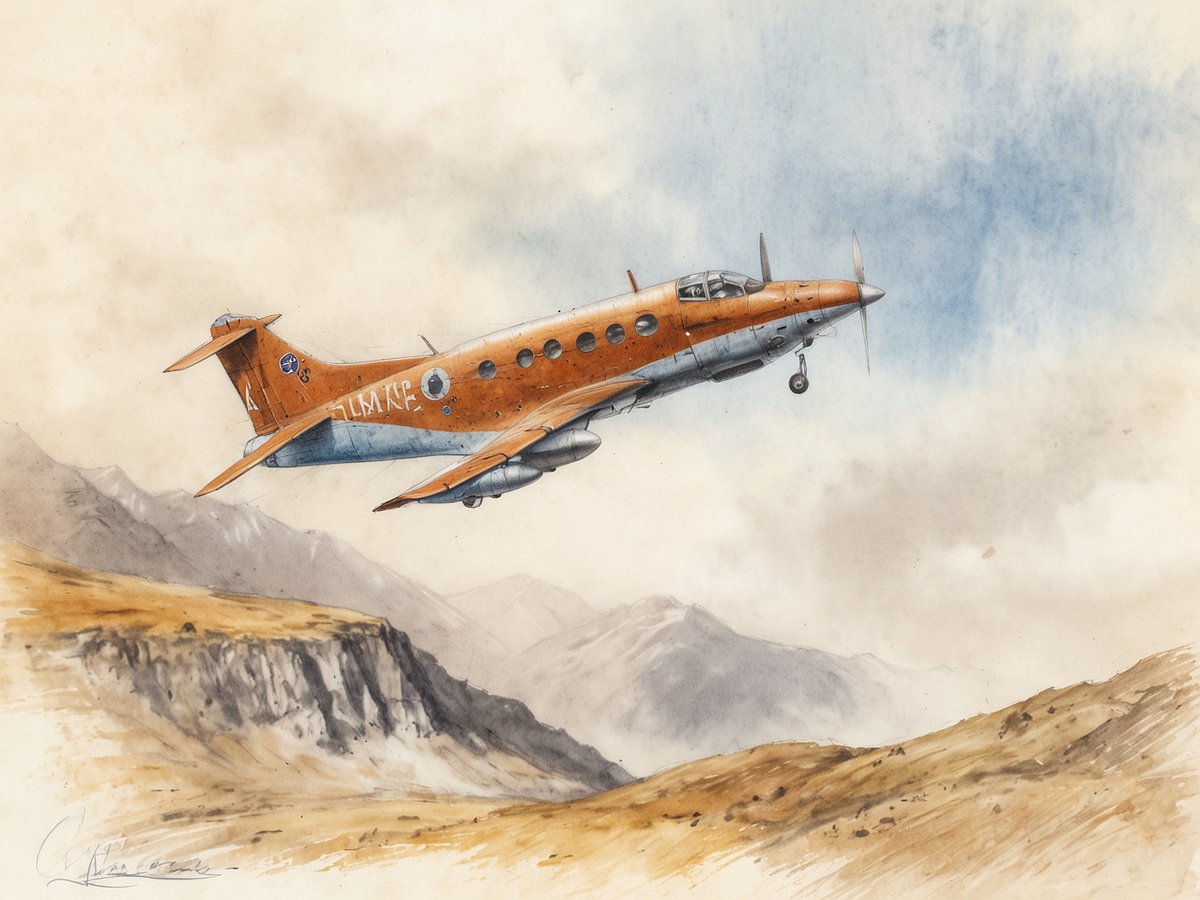 Ein orangefarbenes Flugzeug hebt nach einem Start in die Luft ab und fliegt über eine majestätische Patagonien-Landschaft mit sanften Hügeln und Bergen im Hintergrund. Der Himmel ist teilweise bewölkt und strahlt eine ruhige Atmosphäre aus. Das Flugzeug ist seitlich dargestellt, wodurch seine Form und die Farben gut zur Geltung kommen.