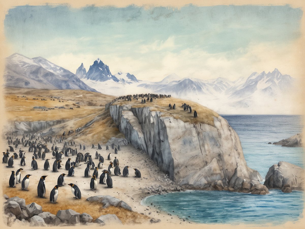 Auf dem Bild ist eine beeindruckende Landschaft zu sehen, die eine Pinguinkolonie auf Isla Magdalena zeigt. Zahlreiche Pinguine befinden sich auf dem sandigen Strand und in der Nähe des Wassers. Im Hintergrund sind steile Felsen und eine zerklüftete Küstenlinie zu erkennen. Die Berge im hinteren Teil der Szenerie sind schneebedeckt und sorgen für eine majestätische Kulisse. Der Himmel ist klar und blau, während das Wasser in verschiedenen Schattierungen von Blau schimmert. Dieses Bild vermittelt die natürliche Schönheit und die tierische Vielfalt von Isla Magdalena, die für ihre berühmte Pinguinkolonie bekannt ist.