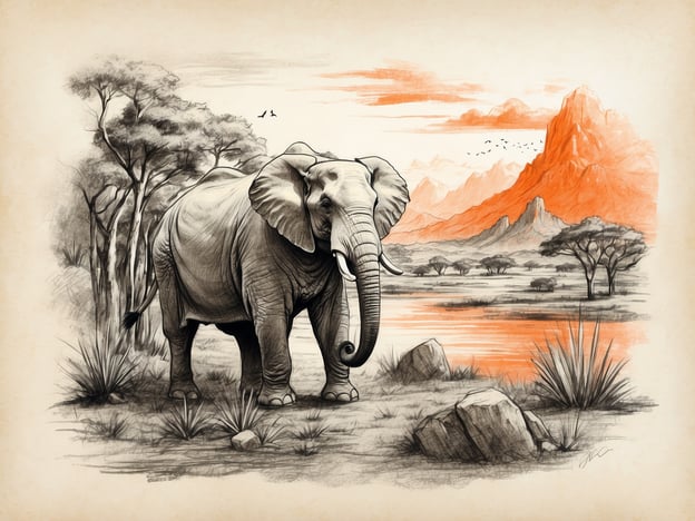 Auf dem Bild ist ein majestätischer Elephant in einer Landschaft zu sehen. Der Elefant steht in einer savannenartigen Umgebung, umgeben von Bäumen, Sträuchern und einem Wasserlauf. Im Hintergrund erheben sich sanfte Hügel oder Berge, die teilweise in einem warmen Orange-Ton koloriert sind, und der Himmel ist mit einigen Vögeln geschmückt. Die gesamte Szene strahlt eine friedliche und natürliche Atmosphäre aus, die typisch für die Tierwelt in Afrika ist.