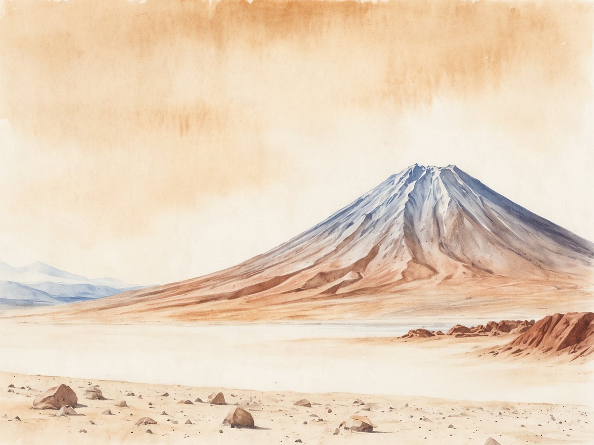 Eine majestätische Vulkanlandschaft in der Atacama-Wüste mit sanften, farblich abgestuften Erdtönen. Der Vulkan erhebt sich dominant im Hintergrund, während die Vordergrundfläche sandig und steinig ist. Im Hintergrund sind sanfte Hügel zu erkennen, die in sanften Blautönen harmonisch zur ruhigen Himmelsfarbe übergehen. Die gesamte Szene strahlt eine abgelegene, unberührte Schönheit aus und vermittelt ein Gefühl der Weite und Einsamkeit.