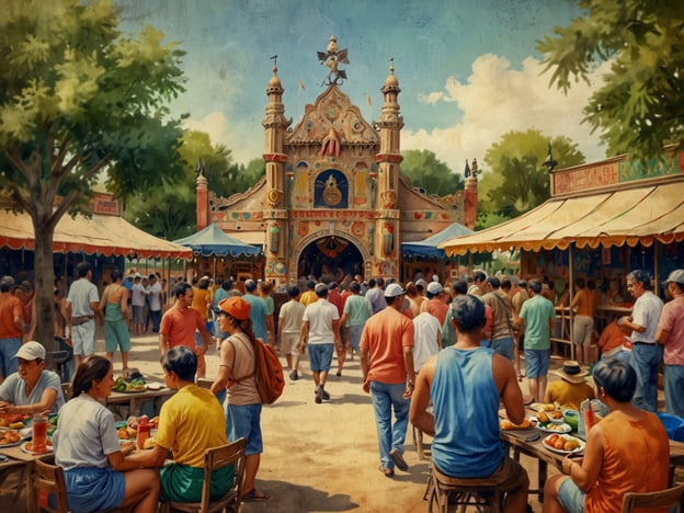 Auf dem Bild ist ein lebhafter Marktplatz oder Volksfest zu sehen, das von vielen Menschen besucht wird. Die Architektur im Hintergrund könnte traditionelle Elemente aufweisen, typisch für viele Kulturen in Südostasien, möglicherweise mit bunten Lagerhäusern und kunstvollen Verzierungen.

In den Ständen werden verschiedene lokale Speisen und Getränke angeboten, was auf eine umfassende kulinarische Vielfalt hinweist. Die Menschen scheinen fröhlich zu sein, was darauf hindeutet, dass Gemeinschaft und soziales Beisammensein eine zentrale Rolle spielen. Solche Feste sind oft ein wichtiger Teil der regionalen Kultur, feiern Traditionen, Bräuche und den Zusammenhalt der Gemeinschaft.

Die Farben und das Ambiente vermitteln eine warme, einladende Atmosphäre, die oft mit Festlichkeiten und Märkten in tropischen oder subtropischen Regionen assoziiert wird. Kinder und Erwachsene genießen die Zeit miteinander, was typisch für viele Kulturen ist, in denen das familiäre und soziale Leben großgeschrieben wird.