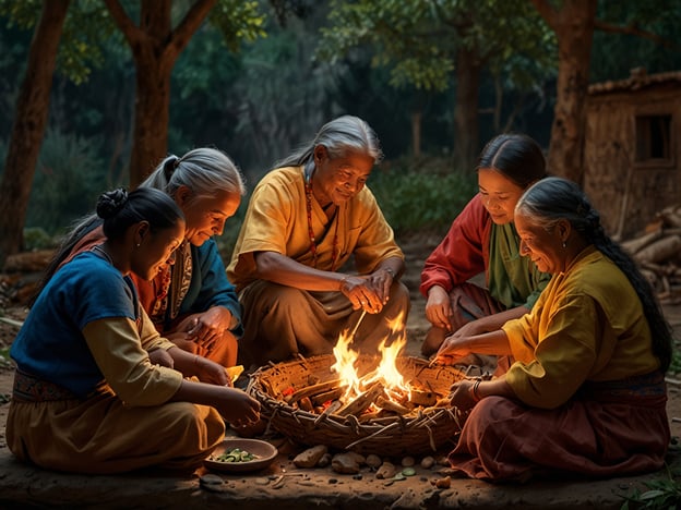 Auf dem Bild sind mehrere Frauen und Mädchen zu sehen, die um ein Feuer sitzen. Diese Szene könnte Teil eines traditionellen Zusammenkommens in Waspam sein, wo Gemeinschaft und Familie eine zentrale Rolle spielen. 

In Waspam, einer Region in Nicaragua, sind Feuerrituale oft wichtig, um Geschichten zu erzählen, Wissen zu teilen und Gemeinschaft zu fördern. Diese Zusammenkünfte könnten in Verbindung mit Feierlichkeiten oder alltäglichen Aktivitäten stehen, bei denen Lebensmittel zubereitet und soziale Bindungen gestärkt werden. 

Das Feuer dient nicht nur als Wärmequelle, sondern auch als Symbol für das Lebenselixier und die Verbindung zur Natur. Der Austausch von Speisen und die gemeinsame Zubereitung von Mahlzeiten sind bedeutende Aspekte der Kultur, die sowohl die Traditionen bewahrt als auch das Gemeinschaftsgefühl stärkt.