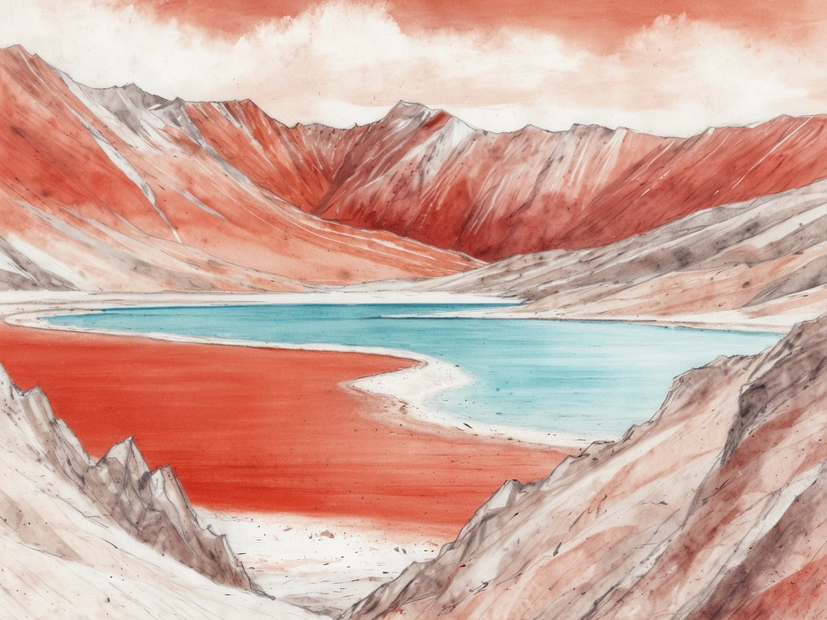 Faszination Laguna Roja, eine beeindruckende rote Lagune umgeben von majestätischen Bergen und einer atemberaubenden Naturlandschaft. Die Lagune zeigt einen markanten Kontrast zwischen dem leuchtend roten Ufer und dem tiefblauen Wasser, eingerahmt von sanften Hügeln und schroffen Berggipfeln, die mit roten und erdigen Farbtönen gemalt sind. Der Himmel ist in sanften Pastellfarben gehalten, was der Szene eine friedliche und geheimnisvolle Atmosphäre verleiht. Die Kombination aus Wasser und Gebirgskette schafft eine einzigartige, abgelegene Schönheit, die die Besucher in ihren Bann zieht.