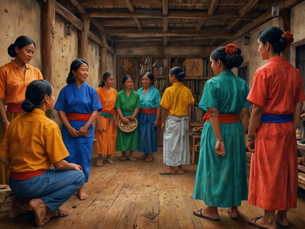 Auf dem Bild sind mehrere Frauen in traditionellen, bunten Kleidungsstücken zu sehen, die in einem rustikalen Raum versammelt sind. Die unterschiedliche Farben ihrer Kleidung könnten auf verschiedene Rollen oder Anlässe hinweisen, vielleicht im Rahmen eines kulturellen Festes oder einer Gemeinschaftsaktivität.

Dieser Raum könnte eine Art Versammlungsort oder Ort für kulturelle Veranstaltungen sein, wo lokale Traditionen, Musik oder Tänze praktiziert werden. Die Interaktion der Frauen deutet auf ein Miteinander hin, das in vielen Kulturen von großer Bedeutung ist. Solche Erlebnisse stärken die Gemeinschaft und bewahren kulturelle Praktiken und Werte.