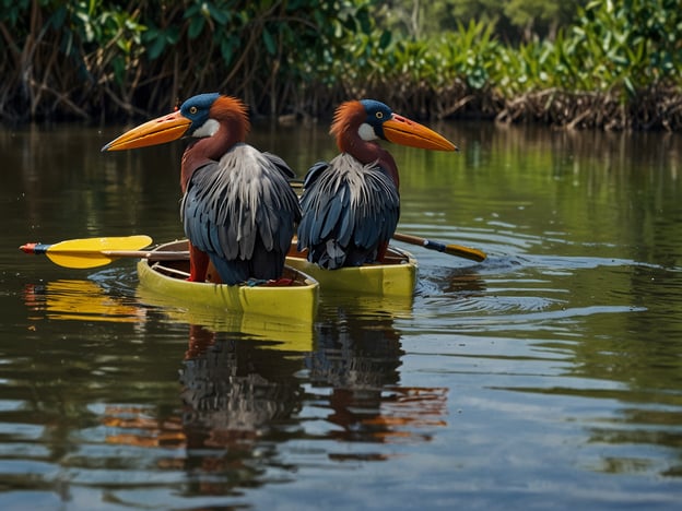 Auf dem Bild sind zwei Vögel zu sehen, die in einem Kajak sitzen. In einem Mangrovenreservat könnte man viele spannende Aktivitäten erleben, wie Kanufahrten durch die verworrenen Wasserwege, um die einzigartige Tier- und Pflanzenwelt zu erkunden. Man könnte Vögel beobachten, die in den Mangroven nisten, sowie verschiedene Fischarten und vielleicht sogar Krebse, die sich zwischen den Wurzeln verstecken.

Ein weiterer Genuss wäre ein geführter Spaziergang durch die Mangroven, um mehr über das empfindliche Ökosystem und seine Bedeutung für den Küstenschutz zu lernen. Zudem könnte man an nächtlichen Touren teilnehmen, um die Mangroven bei Dämmerung in einer ganz anderen Atmosphäre zu erleben. Das Zusammenspiel von Wasser, Licht und den Geräuschen der Tierwelt schafft unvergessliche Erlebnisse in der Natur.