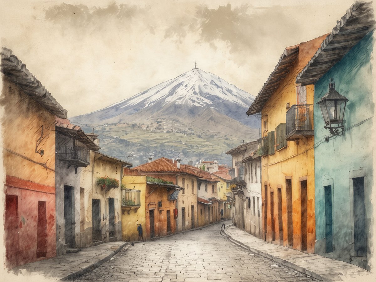 Blick auf eine charmante, von kolonialer Architektur geprägte Straße in Quito, mit bunten Häusern in Gelb, Orange und Blau. Im Hintergrund erhebt sich der schneebedeckte Vulkan, der die majestätische Kulisse der Andenstadt bildet. Die gepflasterte Straße verläuft sanft und es sind einige Pflanzen und Balkone sichtbar, die das historische Ambiente unterstreichen. Dies vermittelt ein Gefühl von UNESCO-Welterbe und kulturellem Erbe.