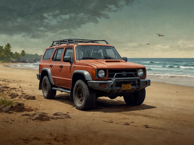 Auf dem Bild ist ein orangefarbener Geländewagen an einem Strand zu sehen. Die Szenerie deutet darauf hin, dass es sich um einen tropischen oder subtropischen Ort handelt. 

**Anreise:** Um an einen solchen Strand zu gelangen, kann man in der Regel entweder mit dem Auto, einem Geländewagen oder durch andere Transportmittel anreisen. Je nach Lage des Strandes könnten auch Flugreisen ins Spiel kommen, gefolgt von einer Autofahrt.

**Beste Reisezeit:** Die beste Reisezeit hängt von der Region ab. In vielen tropischen Gebieten sind die Monate von November bis April ideal, da das Wetter meist trocken und angenehm ist. In der Regenzeit kann es häufig zu heftigen Niederschlägen kommen, die die Reise beeinträchtigen.