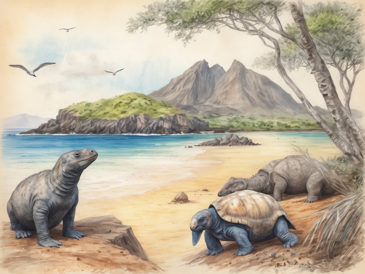 Auf dem Bild sind mehrere Galapagos-Riesenschildkröten zu sehen, die sich am malerischen Strand einer der Galapagos-Inseln aufhalten. Im Hintergrund erheben sich üppige grüne Hügel und beeindruckende Bergformationen, während das klare, blaue Wasser sanft an den Strand plätschert. Der Himmel ist hell mit einigen Wolken und mehreren Vögeln, die darüber fliegen. Die Szenerie vermittelt eine friedliche, natürliche Atmosphäre, die die einzigartige Tierwelt der Galapagos-Inseln hervorhebt.