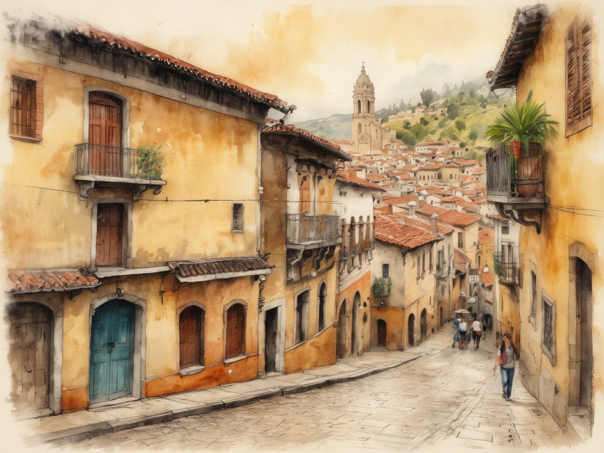 Eine malerische Gasse in Cuenca, Ecuador, mit kolonialen Gebäuden in warmen Gelbtönen, die reich verziert sind. Die Straße ist gepflastert und führt sanft bergab. Im Hintergrund erhebt sich der Turm einer Kirche, umgeben von der charmanten Architektur der Stadt. Einige Menschen schlendern entlang der Straße, während vereinzelte Pflanzen auf Balkonen und Fensterbänken das Bild lebendig machen. Die Landschaft ist sanft hügelig, mit weiteren Häusern, die sich bis zu den Bergen erstrecken, und die Atmosphäre ist ruhig und einladend.