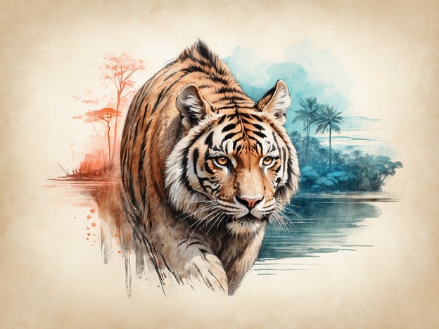 Auf dem Bild ist ein Tiger zu sehen, der majestätisch und aufmerksam in eine Richtung blickt. Der Tiger ist ein bedeutendes Tier in der Tierwelt, bekannt für seine Stärke und Schönheit. Im Hintergrund sind tropische Pflanzen und Wasser dargestellt, die seine natürliche Umgebung symbolisieren. Die warmen Farben des Himmels und die ruhige Wasseroberfläche schaffen eine harmonische Atmosphäre, die das Lebensumfeld dieses faszinierenden Raubtiers verdeutlicht.