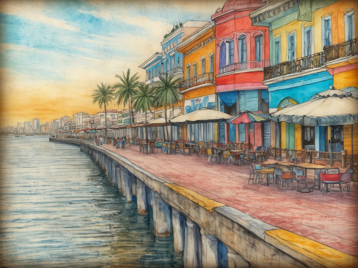 Die lebhafte Uferpromenade von Guayaquil zeigt die bunten Gebäude entlang des Malecon 2000, umgeben von Palmen und einer malerischen Küstenlandschaft. Auf der Terrasse laden Tische mit Stühlen und Sonnenschirmen zum Verweilen ein, während Spaziergänger die Aussicht genießen. Im Hintergrund sind moderne Wolkenkratzer zu sehen, die einen Kontrast zu den historischen Fassaden bilden, während der Himmel in warmen Farbtönen erleuchtet ist.