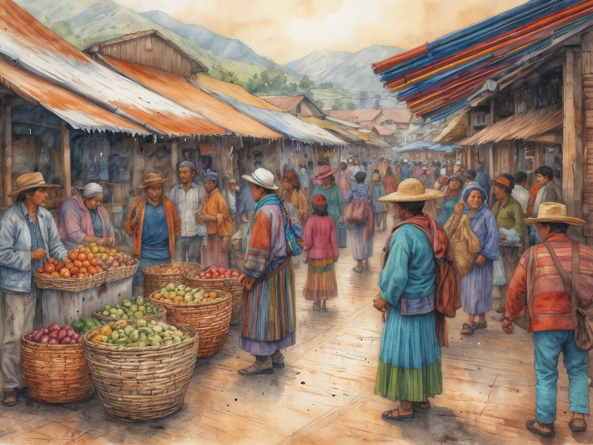 Eine belebte Marktszene in Otavalo, Ecuador, zeigt Verkäufer und Käufer bei einem lebhaften Kunsthandwerksmarkt. Im Vordergrund stehen Marktfrauen und -männer, die bunte Waren in großen Körben anbieten, darunter Früchte und traditionelles Handwerk. Die Verkaufsstände sind mit bunten Sonnenschirmen und Wellblechdächern geschützt. Die Atmosphäre ist geprägt von Geselligkeit und traditioneller Kleidung, während im Hintergrund die sanften Hügel Ecuadors sichtbar sind, die die Szenerie umrahmen.