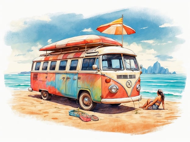 Auf dem Bild sieht man einen bunten VW-Bus am Strand, was eine entspannte Urlaubsatmosphäre vermittelt. In der Nähe des Busses sitzt eine Person, die die Sonne genießt. Solche Szenen sind typisch für Strandveranstaltungen, wie Surf- oder Beachpartys. Auch Wasseraktivitäten wie Schwimmen oder Surfen sind in solch einer Umgebung beliebt. Der Bus könnte eine ideale Basis für einen Tagesausflug oder ein Picknick am Meer darstellen, was oft bei Strandaktivitäten integriert ist.