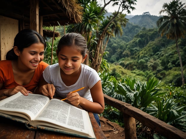 Auf dem Bild sind zwei junge Mädchen zu sehen, die zusammen an einem Tisch sitzen und in einem Buch lesen. Im Hintergrund ist eine grüne, üppige Landschaft zu sehen, die eine entspannte und natürliche Atmosphäre vermittelt.

Für einen unvergesslichen Aufenthalt in der Natur könnten folgende Tipps hilfreich sein:

1. **Natur entdecken**: Nutze die Gelegenheit, die Umgebung zu erkunden – mache Wanderungen oder Fahrradtouren durch die Landschaft.

2. **Entspannung**: Gönne dir regelmäßige Pausen und genieße die Ruhe der Natur. Bring eine Decke mit und mach ein Picknick!

3. **Lernen und Lesen**: Nutze die Freizeit, um zu lesen oder Neues zu lernen. Nimm interessante Bücher oder ein Tagebuch mit.

4. **Lokale Kultur erleben**: Suche nach Möglichkeiten, die örtliche Kultur kennenzulernen, sei es durch Märkte, Workshops oder Feste.

5. **Fotografieren**: Halte die schönen Momente fest! Mach Fotos von der Natur und deinen Erlebnissen, um später schöne Erinnerungen zu haben. 

Viel Spaß und eine schöne Zeit!