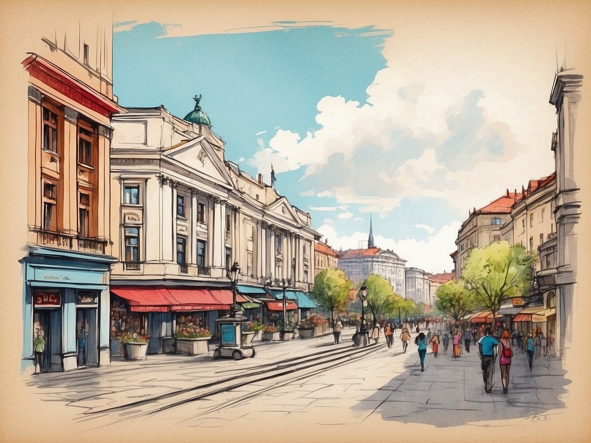 Eine belebte Straße in Belgrad ist dargestellt, gesäumt von historischen Gebäuden mit bunten Fassaden. Auf der linken Seite stehen kleine Geschäfte mit blauen und roten Markisen. Zahlreiche Personen schlendern auf dem Gehweg, umgeben von grünen Bäumen und Pflanzen. Der Himmel ist blau mit einigen Wolken. Die Architektur ist charmant und trägt zum lebendigen Ambiente der Stadt bei.