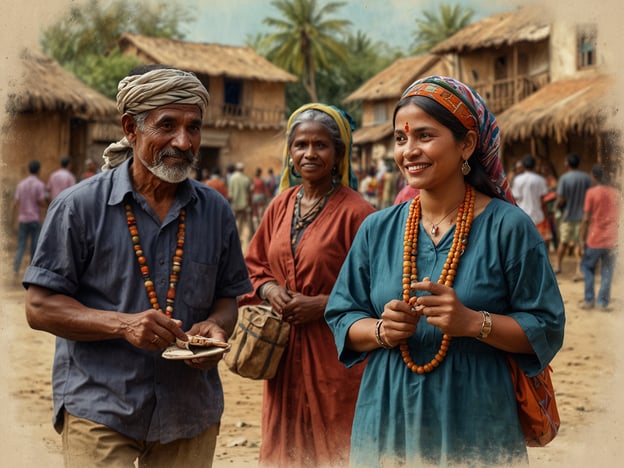 Auf dem Bild sind Menschen in traditionellen Kleidern zu sehen, die in einem ländlichen Umfeld leben. Ihre Kleidung und Schmuck spiegeln kulturelle Elemente wider, die oft bei kulturellen Begegnungen und Festen während Wanderungen oder Marktbesuchen beachtet werden. 

Die Szenerie vermittelt ein Gefühl von Gemeinschaft und geselligem Miteinander. Solche Begegnungen während Wanderungen ermöglichen oft den Austausch von Geschichten, Traditionen und Bräuchen, was zu einem tieferen Verständnis und Wertschätzung verschiedener Kulturen führt. Die Menschen scheinen freundlich und offen zu sein, was die wichtige Rolle von Interaktionen und Dialogen in kulturellen Netzwerken verdeutlicht.