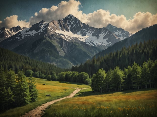 Auf dem Bild ist eine malerische Landschaft mit majestätischen Bergen im Hintergrund zu sehen. Der Himmel ist teilweise bewölkt, und die schneebedeckten Gipfel der Berge strahlen eine beeindruckende Kälte aus, während die Grünflächen und Wälder im Vordergrund eine warme, einladende Atmosphäre schaffen. Das einzigartige Klima in den Bergen sorgt für eine Vielfalt an Pflanzen und Tieren sowie für ein faszinierendes Zusammenspiel von Licht und Schatten, das die Schönheit dieser Naturkulisse unterstreicht. Der Weg, der durch die Wiese führt, lädt zu Erkundungen ein und verstärkt das Gefühl von Freiheit und Abenteuer in dieser atemberaubenden Umgebung.