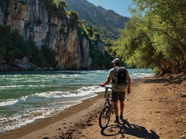 Auf dem Bild ist ein Naturliebhaber zu sehen, der mit seinem Fahrrad entlang eines beeindruckenden Flusses spaziert. Die Umgebung ist geprägt von hohen Felsen und üppigem Grün, was eine wunderschöne Kulisse für Abenteuer bietet. 

Aktivitäten für Naturliebhaber und Abenteurer könnten folgendes umfassen:

- **Mountainbiken**: Die Zufahrt zu abgelegenen Pfaden und Wegen bietet die Möglichkeit für aufregende Radtouren.
- **Wandern**: Erkunden der Umgebung zu Fuß, um die Natur und die Landschaft genauer zu erleben.
- **Kayaking oder Rafting**: Den Fluss hinunter paddeln, um die Umgebung aus einer anderen Perspektive zu genießen.
- **Naturfotografie**: Einfangen der Schönheit der Natur und der Tierwelt in dieser malerischen Landschaft.
- **Picknicken**: Entspannen am Ufer des Flusses und die frische Luft genießen.

Diese Aktivitäten machen den Aufenthalt in der Natur zu einem unvergesslichen Erlebnis.