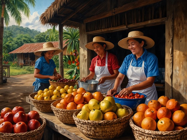 Auf dem Bild ist ein Markt zu sehen, auf dem frisches Obst verkauft wird. Drei Frauen, die in traditionellen europäischen Hüten gekleidet sind, arbeiten zusammen und bereiten verschiedene Früchte vor. Die Körbe sind reich gefüllt mit Äpfeln, Orangen, Zitronen und anderen exotischen Früchten, die typisch für die lokale Landwirtschaft sind. Solche Märkte sind oft ein wichtiger Bestandteil der Gastronomie einer Region, wo frische, regionale Produkte wie Obst und Gemüse eine wesentliche Rolle in der traditionellen Küche spielen. Diese Vielfalt an Früchten spiegelt die lokalen Spezialitäten wider und zeigt, wie wichtig frische Zutaten in der Gastronomie sind.