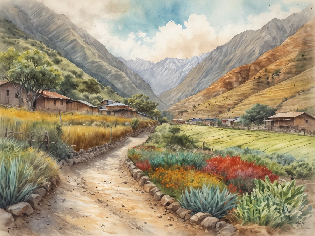 Eine malerische Landschaft in Vilcabamba zeigt sanfte Hügel und majestätische Berge im Hintergrund. Im Vordergrund verläuft ein gewundener Weg, gesäumt von bunten Blumenbeeten und üppigem Grün. Auf der linken Seite stehen rustikale Häuser mit roten Dächern, umgeben von goldenen Gräsern. Die bewaldeten Berghänge verleihen der Szenerie eine friedliche Atmosphäre, während die sanften Wolken den Himmel schmücken. Diese idyllische Darstellung verkörpert die natürliche Schönheit und den Charme des "Tals der Langlebigkeit".