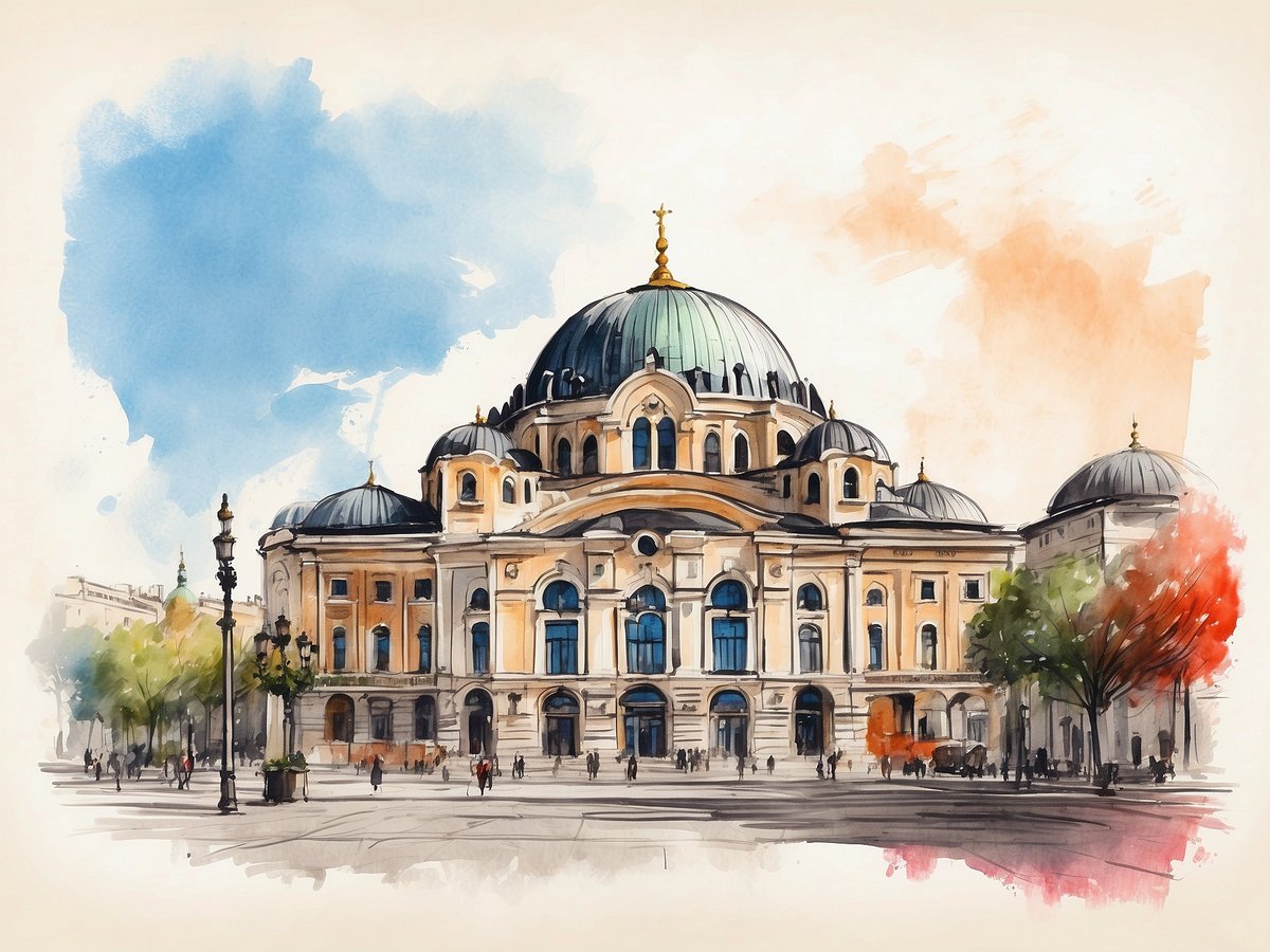 Eine beeindruckende Architektur zeigt das Nationaltheater in Sofia, umgeben von Bäumen und einer lebhaften Umgebung. Der große Kuppelbau hat eine elegante Fassade mit großen Fenstern und verschiedenen Türmen, die das Gesamtbild abrunden. Vor dem Theater sind Menschen zu sehen, die spazieren gehen und die Atmosphäre genießen, unter einem klaren Himmel mit einigen Farbtupfern in Blau und Orange.