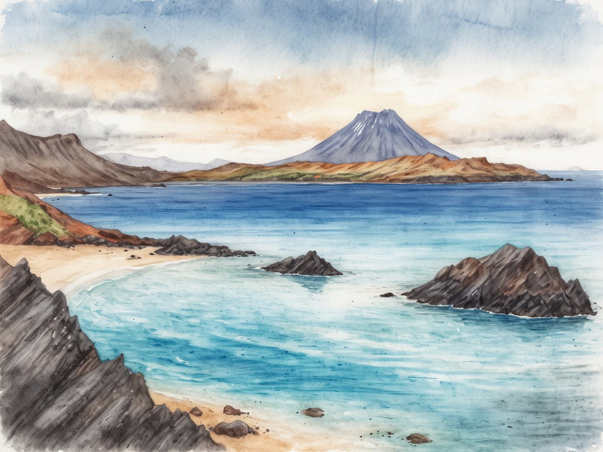 Eine malerische Landschaft zeigt den Vulkan Isla Bartolomé im Galapagos-Archipel. Der Vulkan ragt majestätisch in den Himmel und ist von sanften, farbenprächtigen Hügeln umgeben. Im Vordergrund erstreckt sich eine ruhige Bucht mit klarem, türkisfarbenem Wasser, die sanft an einen goldenen Sandstrand grenzt. Felsen und kleine Kiesel liegen verstreut am Ufer, während im Hintergrund graue Wolken den Himmel über dem Vulkan umhüllen, was eine dramatische und eindrucksvolle Atmosphäre schafft.