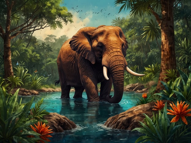 Auf dem Bild ist ein Elefant in einem üppigen, tropischen Lebensraum zu sehen. Er steht in einem klaren Wasserlauf, umgeben von dichtem Dschungel mit vielfältiger Vegetation, darunter große Pflanzen und exotische Blumen. Solche Lebensräume sind typisch für viele Arten von Wildtieren, die in tropischen Regenwäldern leben, wo die Biodiversität hoch ist und Wasserquellen häufig anzutreffen sind. Der Elefant selbst spielt eine wichtige Rolle in diesem Ökosystem, da er durch seine Wanderungen zur Verbreitung von Samen beiträgt.