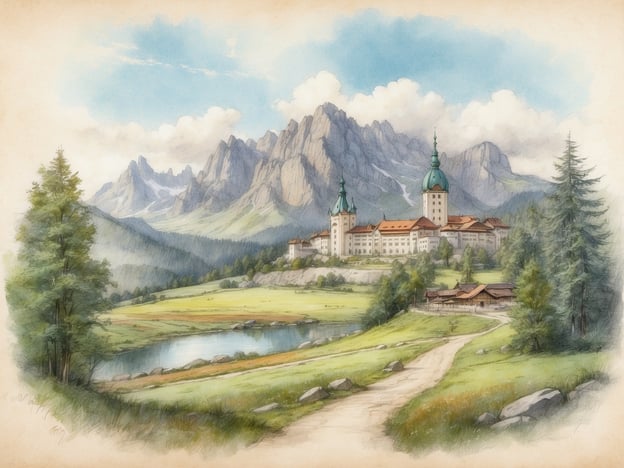 Auf dem Bild ist eine malerische Landschaft mit einem Schloss und majestätischen Bergen im Hintergrund zu sehen. Diese Art von Szenerie könnte an einen Ort erinnern, der mit einem Tierpark verbunden ist, da viele Tierparks in landschaftlich reizvollen Gebieten angelegt werden.

Die Geschichte vieler Tierparks beginnt oft mit dem Ziel, bedrohte Tierarten zu schützen und der Öffentlichkeit die Möglichkeit zu geben, Tiere in ihrem natürlichen Lebensraum zu beobachten. In vielen Fällen sind diese Parks in wunderschönen, naturnahen Umgebungen angesiedelt, die sowohl für die Tiere als auch für die Besucher ansprechend sind. 

Das Bild könnte somit nicht nur die Schönheit der Umgebung zeigen, sondern auch den historischen Kontext, dass solche Orte oft auch als Rückzugsorte für Tiere und als Erholungsgebiete für Menschen geschaffen wurden.