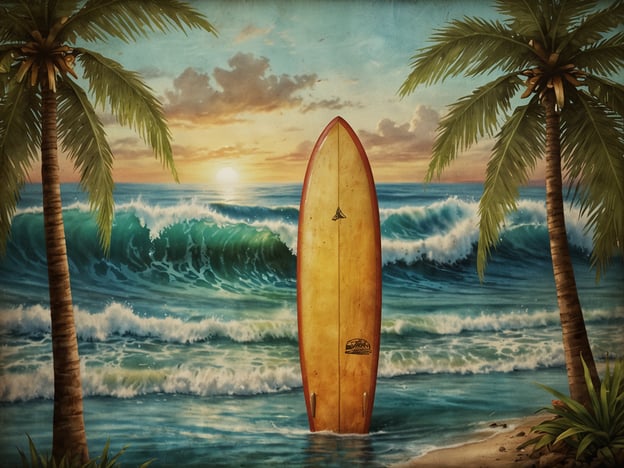 Auf dem Bild ist eine malerische Küstenlandschaft zu sehen, die von hohen Wellen und Palmen umgeben ist. Im Vordergrund steht ein klassisches Surfboard, das symbolisch für das Surferlebnis steht. Diese Szenerie erinnert an die Entdeckung von Playa Popoyo als Surfparadies, bekannt für seine ausgezeichneten Surfbedingungen und die wunderschöne Natur. Der Sonnenuntergang im Hintergrund trägt zur idyllischen Atmosphäre bei und lädt zu entspannten Tagen am Strand ein.