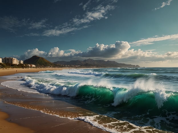 Auf dem Bild sieht man eine malerische Küstenlandschaft mit kräftigen, grünen Wellen, die an den Strand rollen. Die Umgebung deutet auf potenzielle Surfspots hin, die aufgrund der Wellenbedingungen und der Landschaft interessant sein könnten.

Ein bekannter Surfspot in der Nähe könnte zum Beispiel **Zurriola Beach** in San Sebastián sein. Dieser Strand ist bekannt für seine starken Wellen, die sowohl für Anfänger als auch für Fortgeschrittene geeignet sind. 

Ein weiterer Spot könnte **La Concha** sein, wo die Wellen etwas sanfter sind und sich gut für weniger erfahrene Surfer eignen. 

Je nach region, in der das Bild aufgenommen wurde, könnten auch andere Orte wie **Playa de Fuerteventura** oder **El Médano** auf Teneriffa betrachtet werden, die perfekte Bedingungen für Surfer bieten. 

Insgesamt ist die Kombination aus Wellen, Himmel und Strand ein ideales Umfeld für Wassersportler und Strandliebhaber.