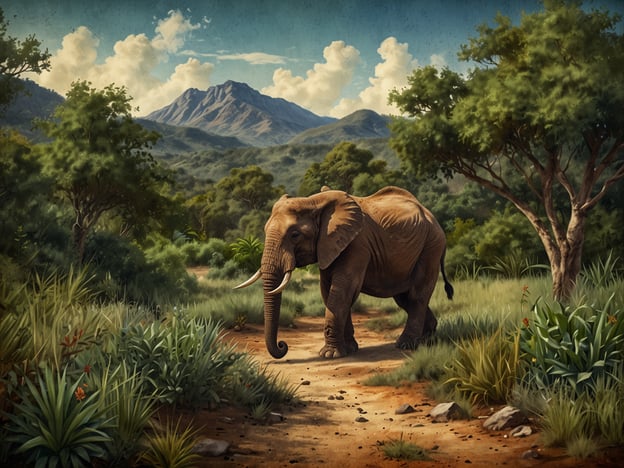 Auf dem Bild ist ein Elefant zu sehen, der auf einem schmalen Weg durch eine üppige Landschaft wandert. Im Hintergrund sind Berge und Wolken zu erkennen, während die Vegetation aus verschiedenen Pflanzen und Bäumen besteht. Diese Szenerie könnte die natürliche Umgebung der Reserva Natural Padre Ramos widerspiegeln, einem geschützten Gebiet in Nicaragua, das für seine vielfältige Flora und Fauna bekannt ist. Hier leben unter anderem auch verschiedene Tierarten und die Landschaft bietet ein typisches tropisches Panorama.