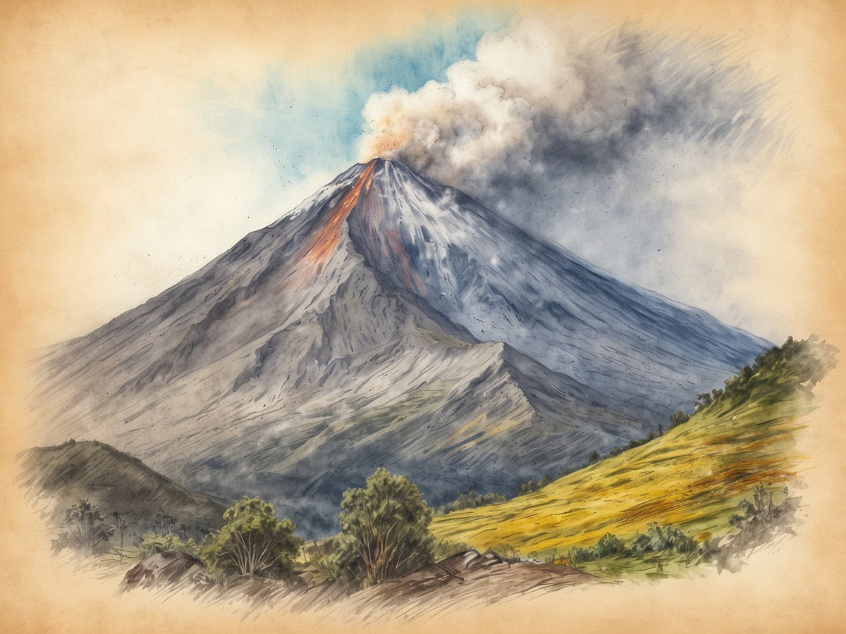 Der aktive Tungurahua Vulkan erhebt sich majestätisch vor einem dramatischen Himmel, aus dem Rauch und Asche aufsteigen. Auf der linken Seite des Bildes ist der Vulkan mit seinen steilen Hängen und orangefarbenen Lavaausbrüchen zu sehen. Im Vordergrund erstrecken sich grüne Wiesen und Sträucher, die dem Bild eine kontrastierende Lebendigkeit verleihen. Die Landschaft verleiht der Szene eine beeindruckende natürliche Schönheit und Dynamik.