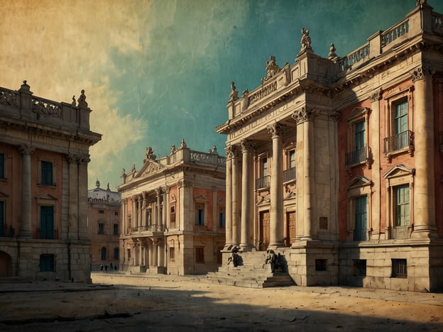 Auf dem Bild ist die architektonische Pracht des Teatro Nacional Rubén Darío zu sehen. Es zeigt majestätische Gebäude mit beeindruckenden Säulen und kunstvollen Verzierungen, die die historische und kulturelle Bedeutung dieses Theaters widerspiegeln. Die Farbgebung und das Licht verleihen der Szenerie eine nostalgische Atmosphäre, während die harmonische Komposition der Strukturen ein Gefühl von Größe und Eleganz vermittelt.