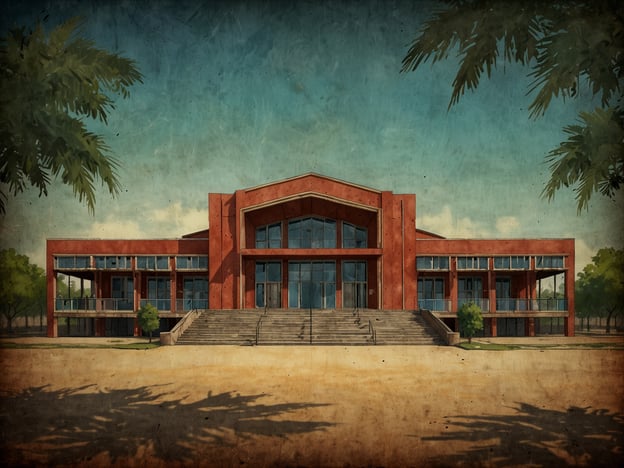 Auf dem Bild ist ein modernes Gebäude zu sehen, das vermutlich ein Zentrum für darstellende Kunst in Nicaragua ist. Es hat eine markante Architektur mit großen Fenstern und einem einladenden Eingangsbereich, der von Treppenstufen flankiert wird. Die Umgebung scheint grün und einladend zu sein, was darauf hindeutet, dass der Ort für kulturelle Veranstaltungen und künstlerische Aktivitäten genutzt wird.